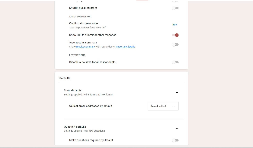Cài đặt Bản trình bày và Mặc định Google Form